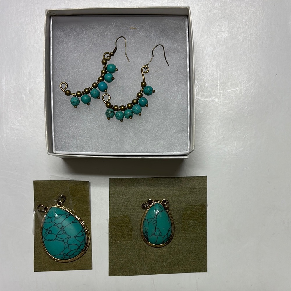 Turquoise drop earrings and two turquoise pendants